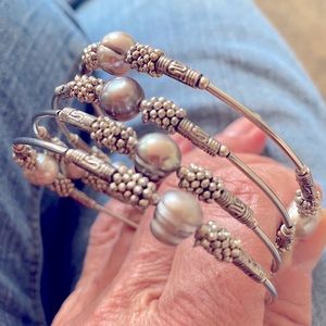 Slinky spiral bracelet of silver and fresh water pearls